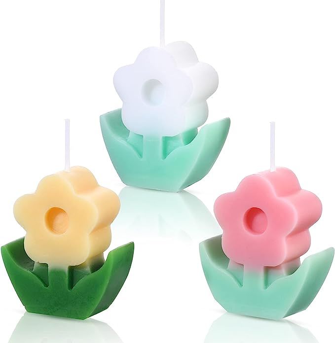 3 Pcs Flower Shaped, Aesthetic, Cool, Cute, Danish Pastel Room Decor Paraffin Soy Funky Scented C... | Amazon (US)