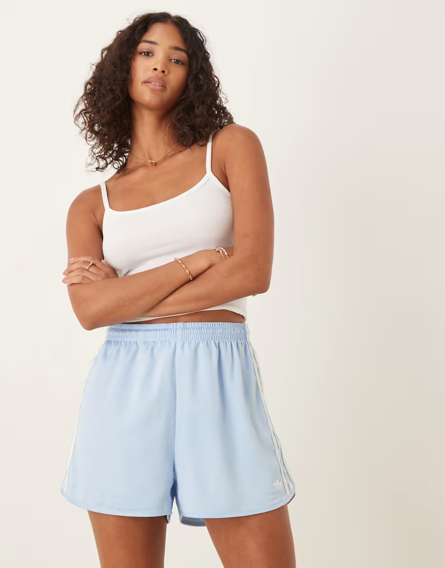 adidas Originals satin sprinter shorts in blue with ruffle 3 stripe | ASOS (Global)