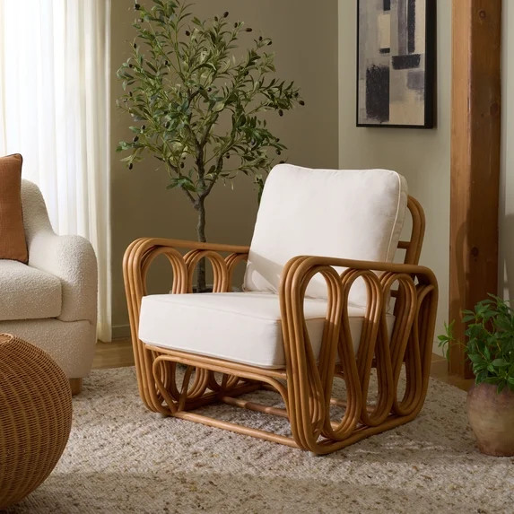 Safavieh Couture Malina Rattan Pole Modern Accent Chair, Natural/White | Walmart (US)