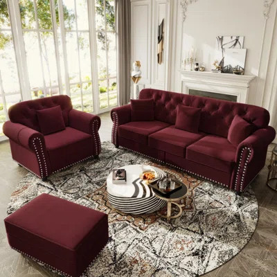 3+1 Upholstered Velvet Sofa with Nailhead Trim and Rolled Armrests,Mid-Century Modern Chesterfield Sofa with Button Tufted,Includes 1 ottoman | Wayfair North America