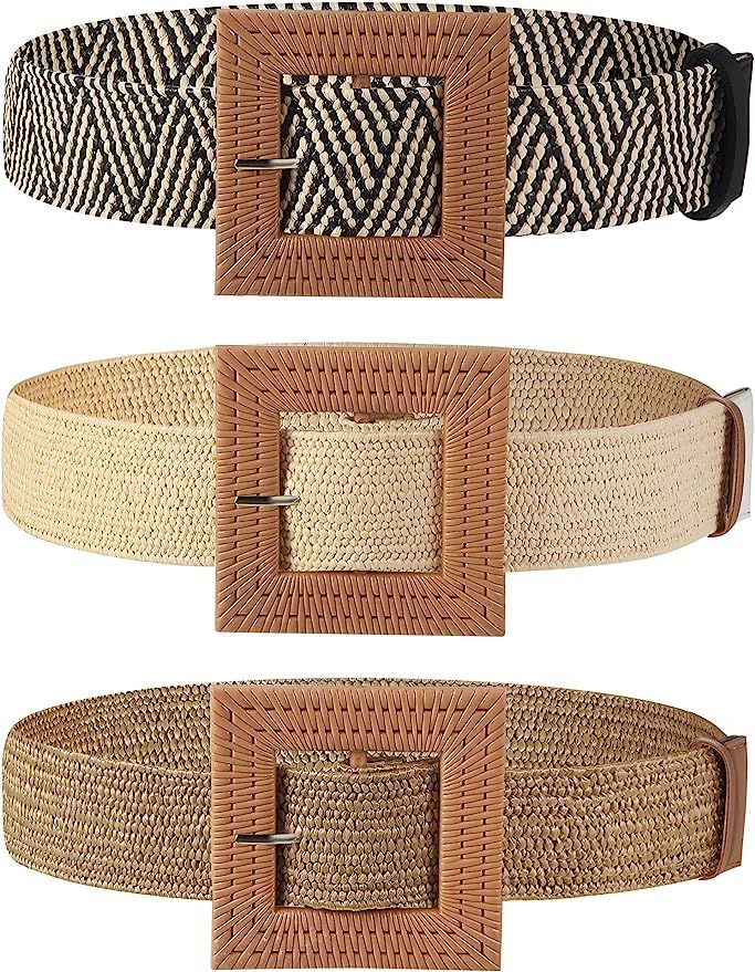 3 Pieces Straw Woven Elastic Stretch Waist Belt Skinny Dress Braided Waist Belt Wood Color Buckle... | Amazon (US)