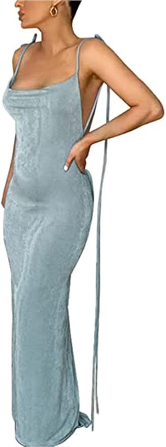Plilima Women’s Spaghetti Strap Dress Cowl Neck Backless Bodycon Fishtail Cocktail Party Maxi D... | Amazon (US)