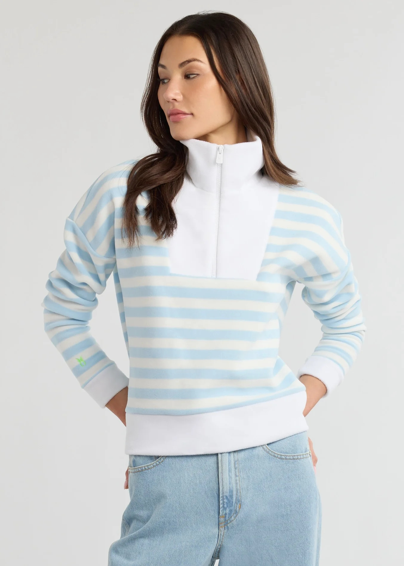 Putnam Pullover in Vello Fleece (Ice Blue/White Stripe) | Dudley Stephens