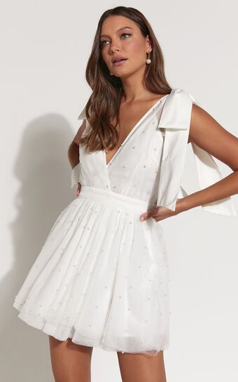 Karalyn Mini Dress - Bow Strap Plunge Pearl Detail Dress in White | Showpo (US, UK & Europe)