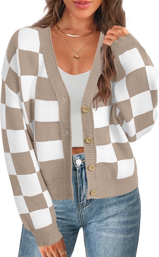 MEROKEETY Women's Cropped Cardigan Sweater Plaid Long Sleeve Button V Neck Open Front Knit Outerw... | Amazon (US)