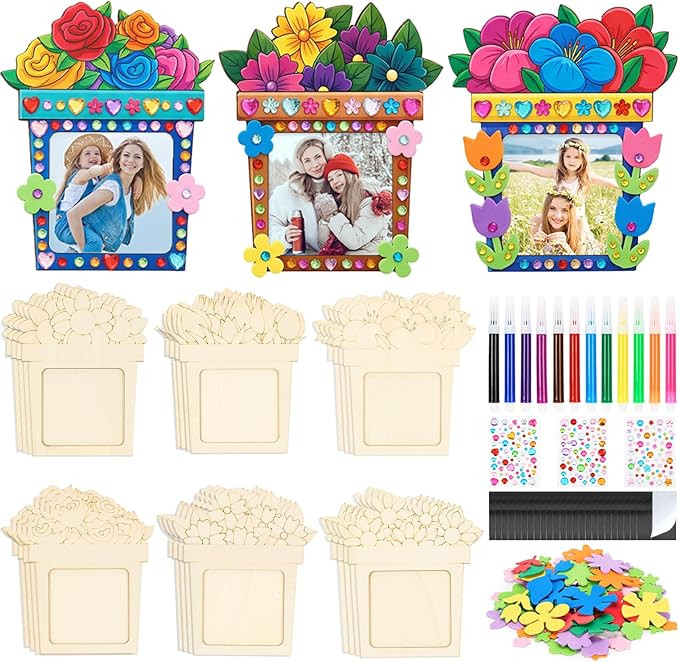 24 Pcs DIY Wooden Picture Frame Craft Kit, Mother's Day Flower Photo Frame Magnets to Paint, Unfi... | Amazon (US)