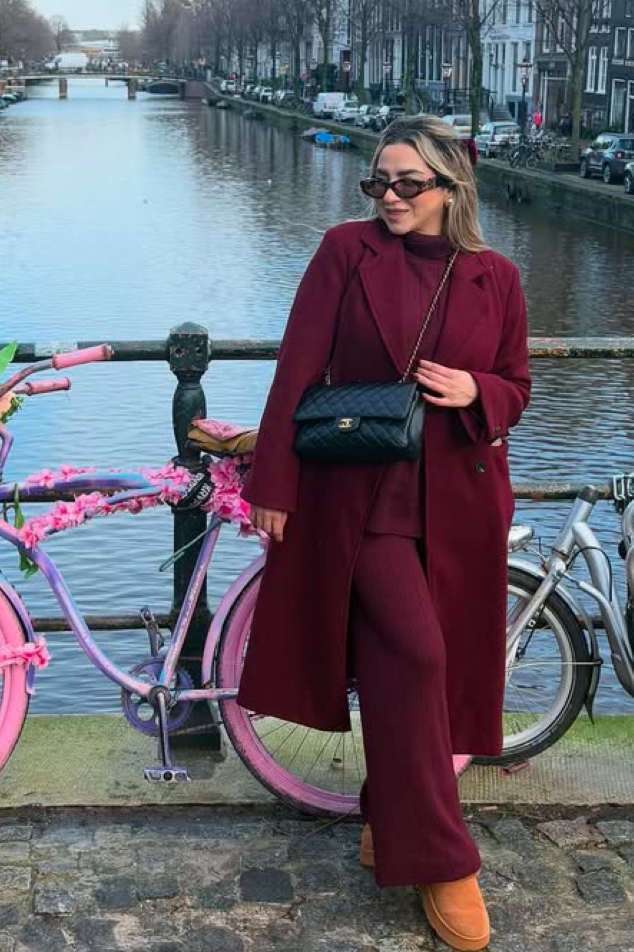 Burgundy knit  pants set 
Burgundy coat 
Chanel black quilted bag 
Ugh tazz skippers 

#LTKPetite #LTKStyleTip #LTKMidsize