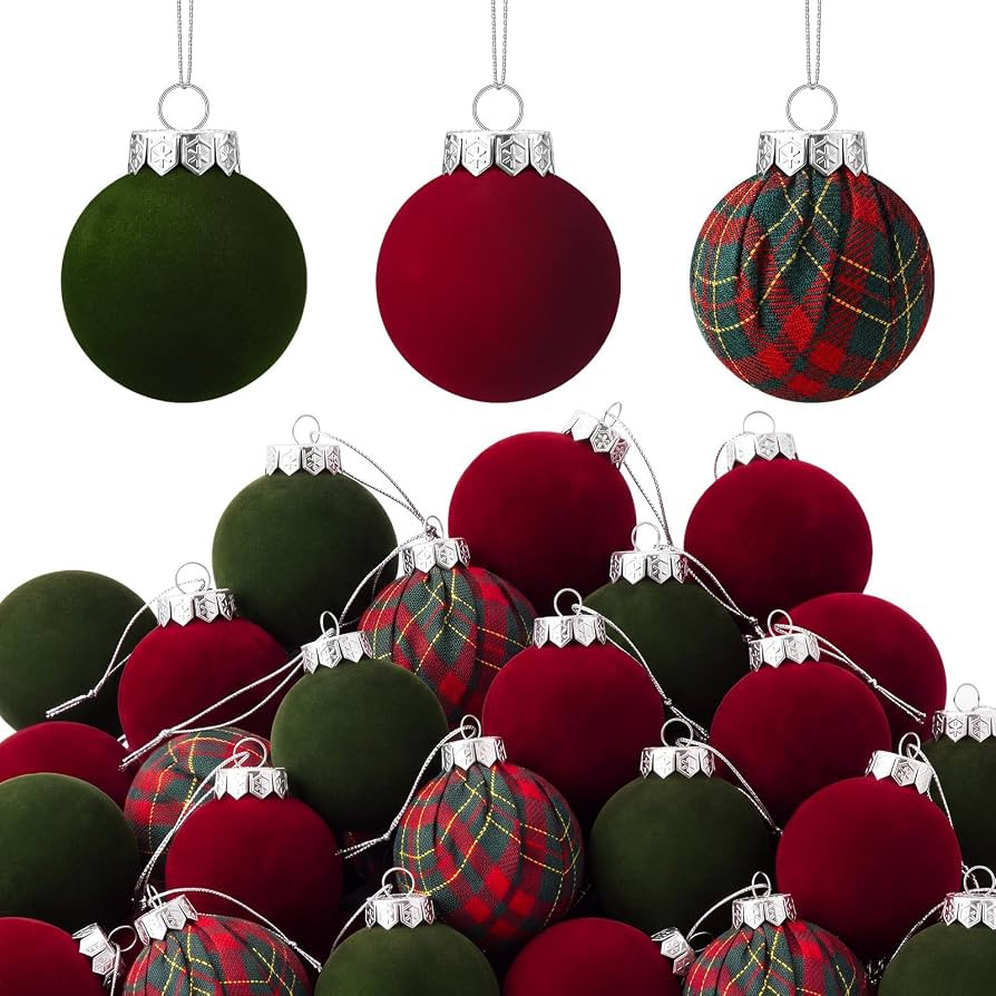 24 Pcs Tartan Plaid Velvet Christmas Tree Ball Ornament, Trio | Amazon (US)