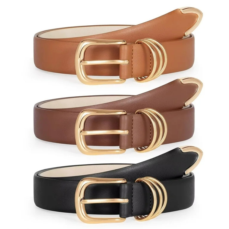 WHIPPY Womens Leather Belts for Jeans Brown Casual Ladies Dresses Belt with Gold Buckle | Walmart (US)