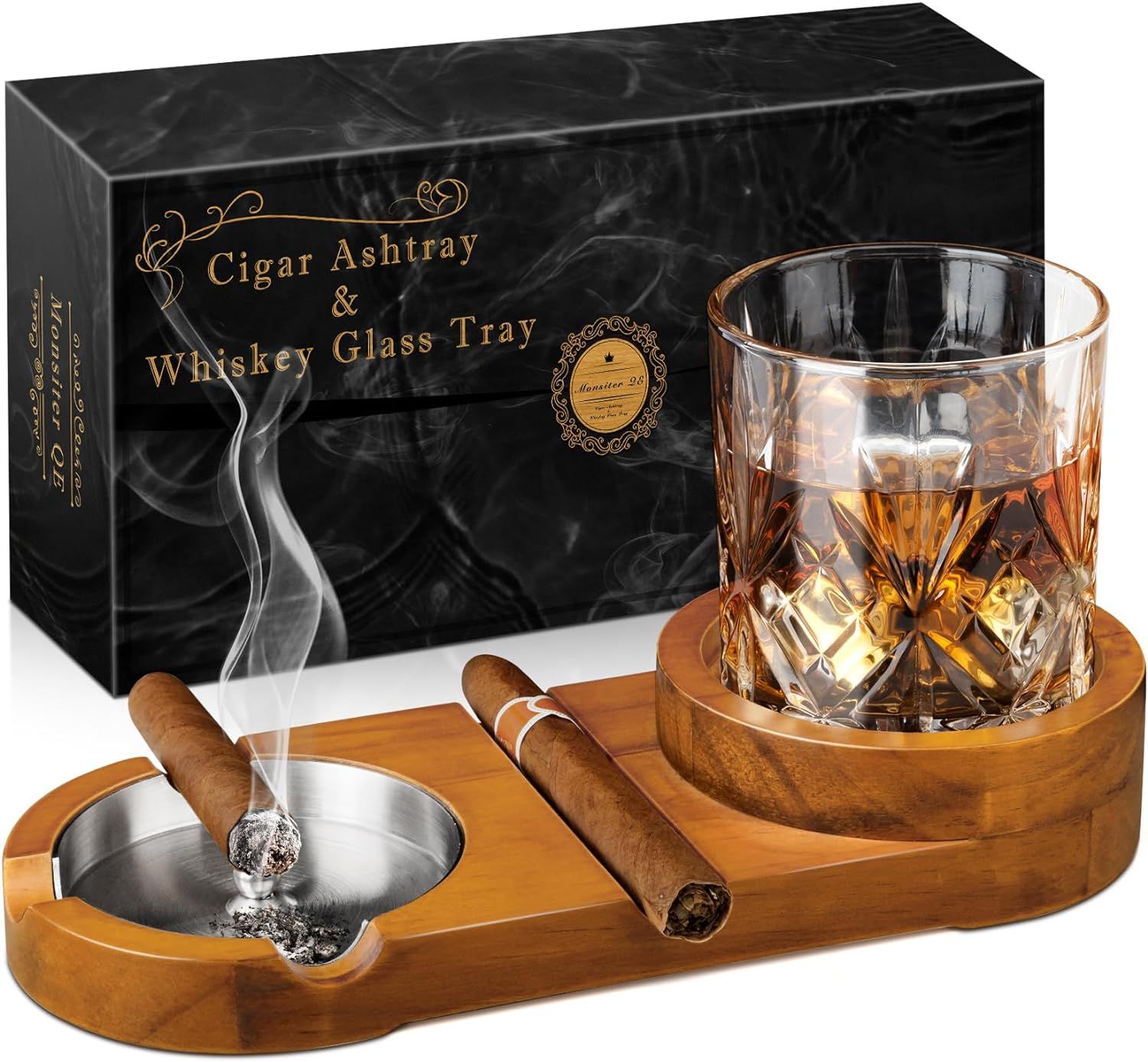 Monsiter Cigar Ashtrays, Whiskey Glass Tray and Cigar Holder for Indoor Outdoor, Wooden Ash Tray ... | Amazon (US)