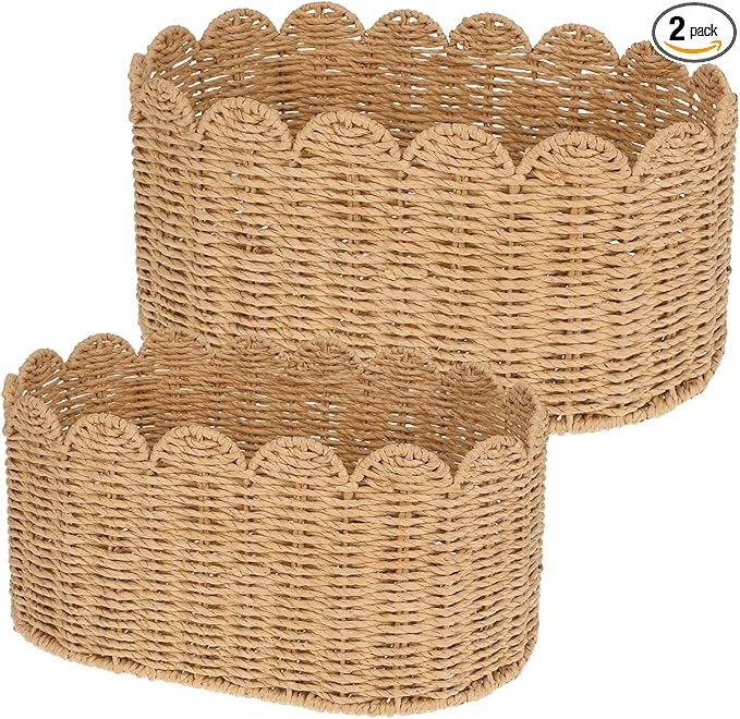 2 PCS Scalloped Basket Set - Hand-Woven Rattan Baskets Decorative Wicker Organizer Box with Scall... | Amazon (US)