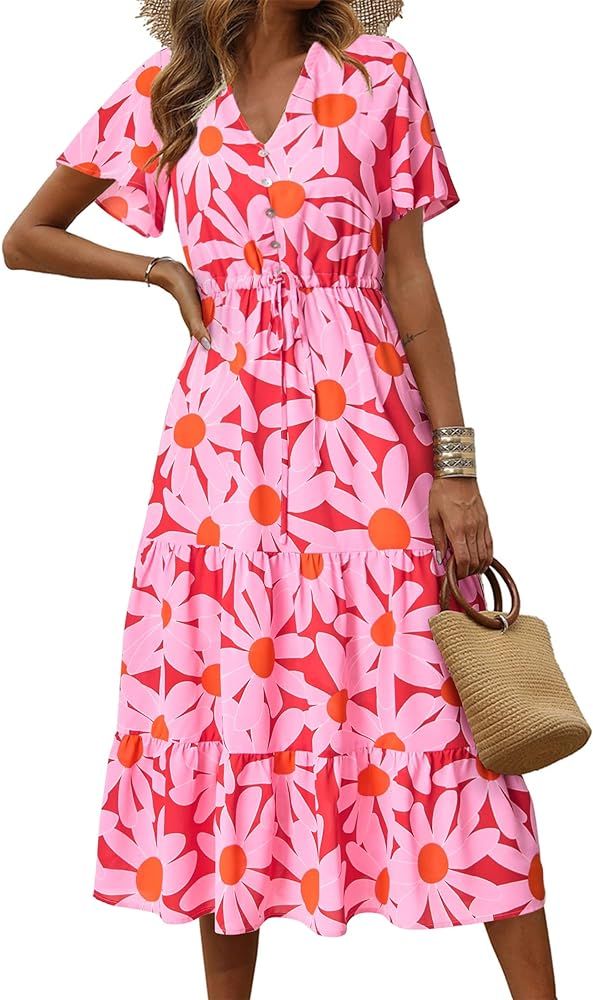 PRETTYGARDEN Women's Floral Boho Dress Casual Short Sleeve V Neck Ruffle Tiered 2024 Summer Swing... | Amazon (US)