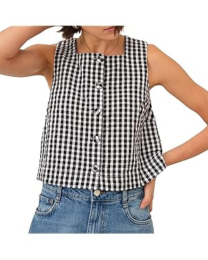Women Plaid Square Neck Tank Top Summer Y2K Gingham Sleeveless Down Crop Vest Vacation Business C... | Amazon (US)