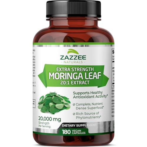 Zazzee Organic Moringa 20:1 Extract, 20,000 mg Strength, 180 Vegan Capsules, 100% Pure Oleifera Leaf Superfood, Concentrated and Standardized 20X Extract, All-Natural, Non-GMO, Made in The USA | Amazon (US)