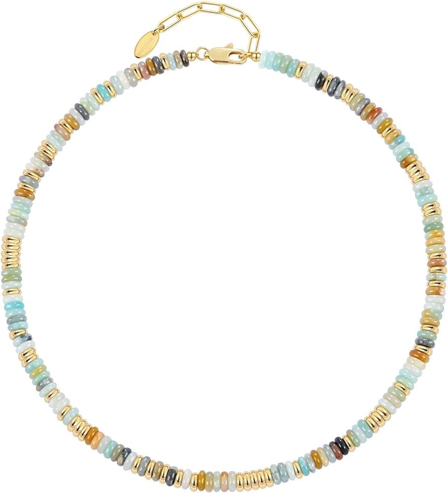 NVWAROCK Beaded Gemstone Necklace for Women and Girl, Colorful Boho Beach Handmade Bead Choker, 14K Gold Plated Stackable Bohemian Multicolor Natural Stone Necklace | Amazon (US)