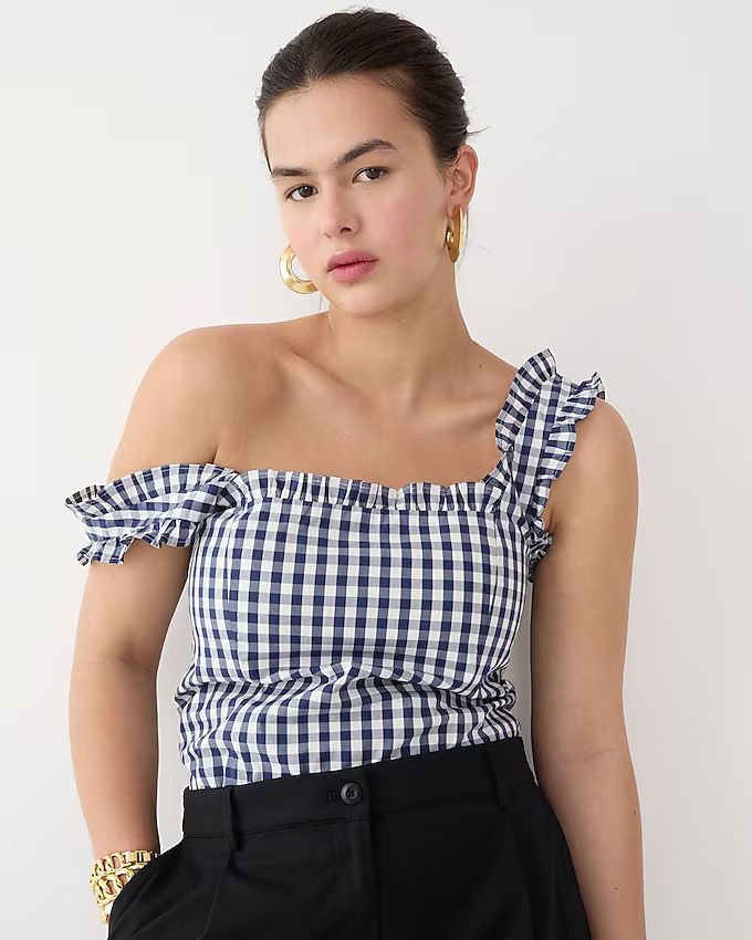 Ruffle-trim stretch cotton poplin top in gingham | J.Crew US