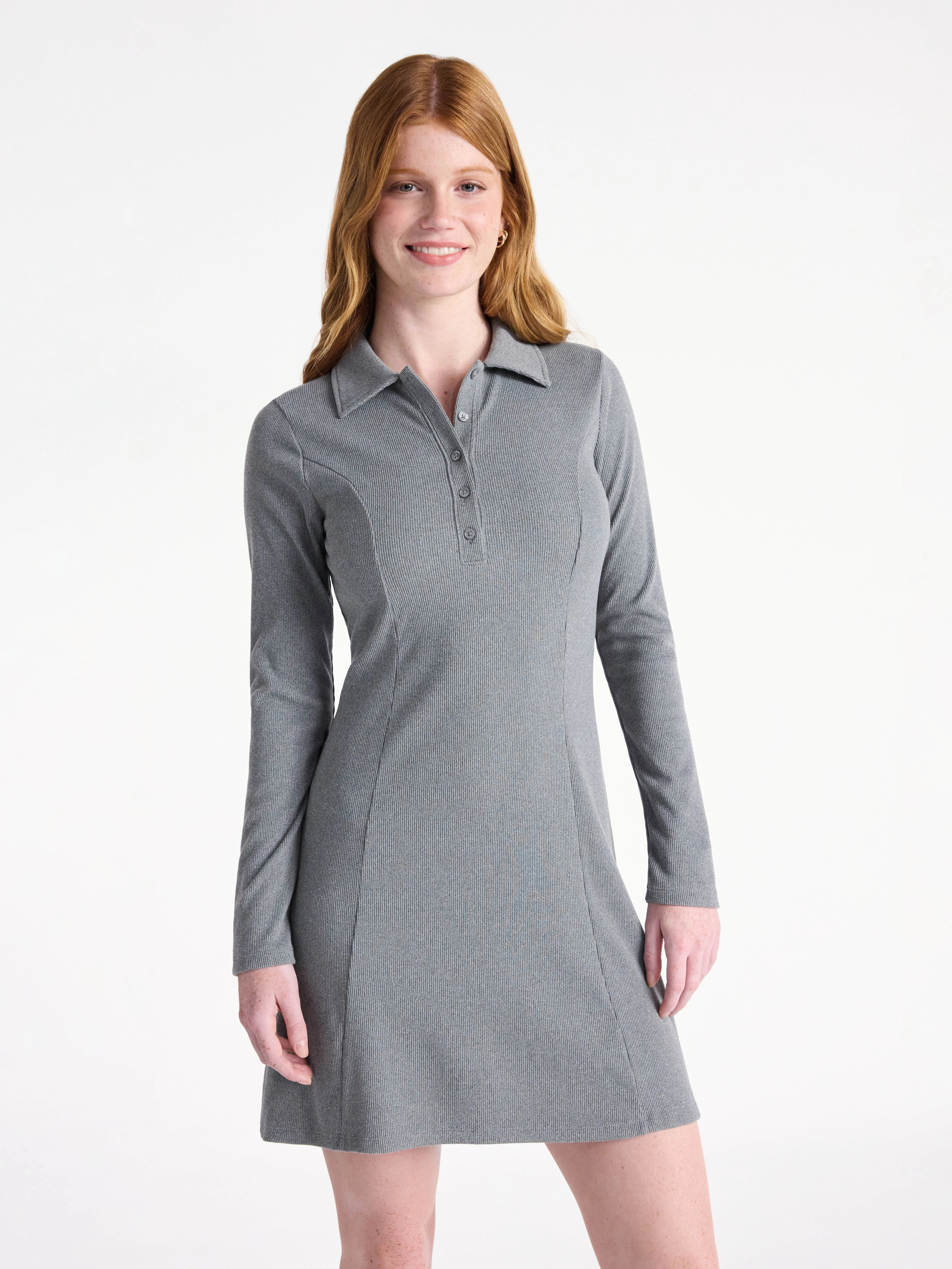 No Boundaries Ribbed Polo Dress with Long Sleeves, Women's | Walmart (US)