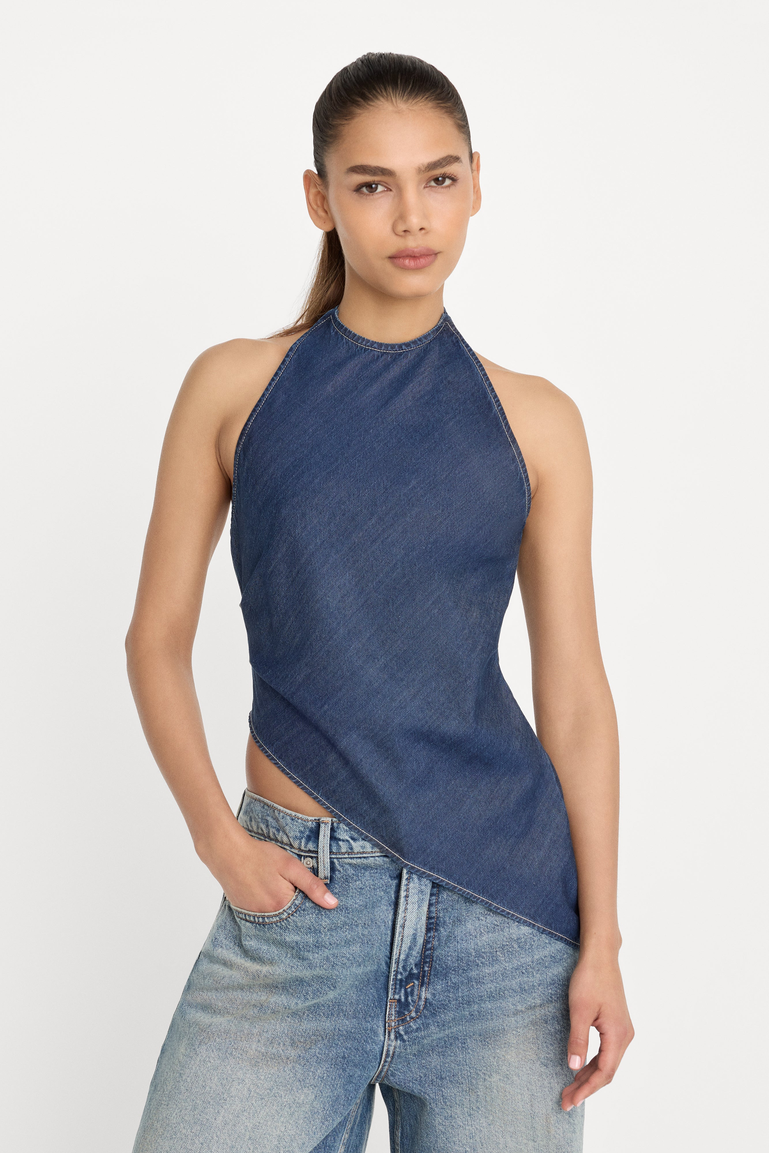 ASYMMETRIC HEM HALTER TOP | INDIGO1187 - GOOD AMERICAN | Good American