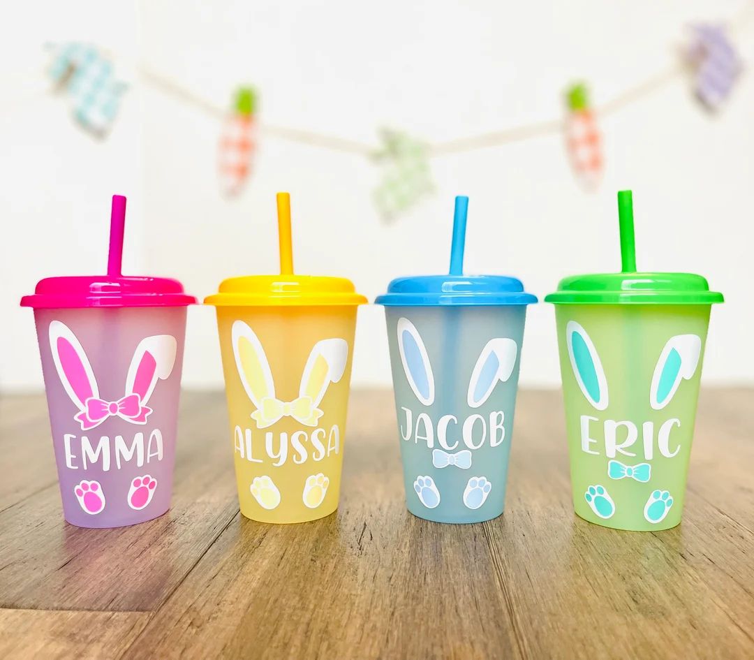 Bunny Ears Easter kids cups 12oz, kids cups with straws, personalized cups, cups for baskets, pas... | Etsy (US)