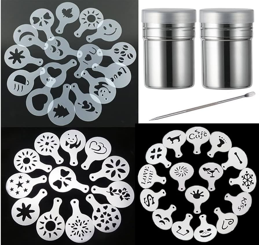 44 Coffee Stencils+2 Mesh Powder Shakers+1 Coffee Latte Art Pen, Coffee Decoration Stencils Coffe... | Amazon (US)