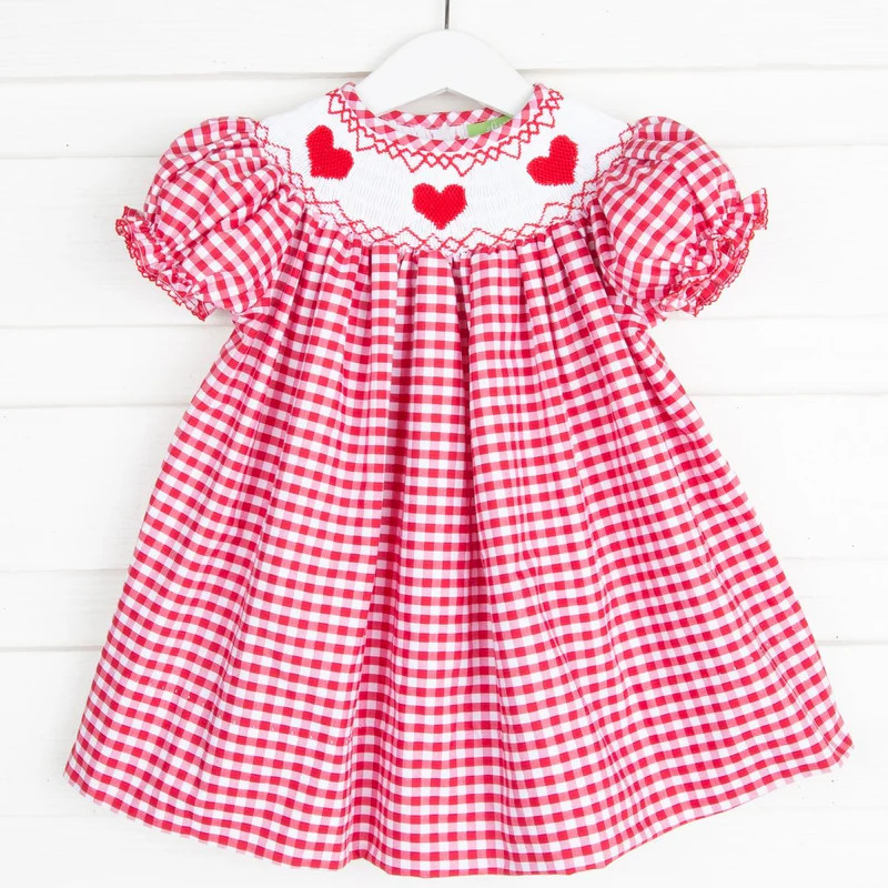 Heart Smocked Red Check Bishop Dress | Classic Whimsy