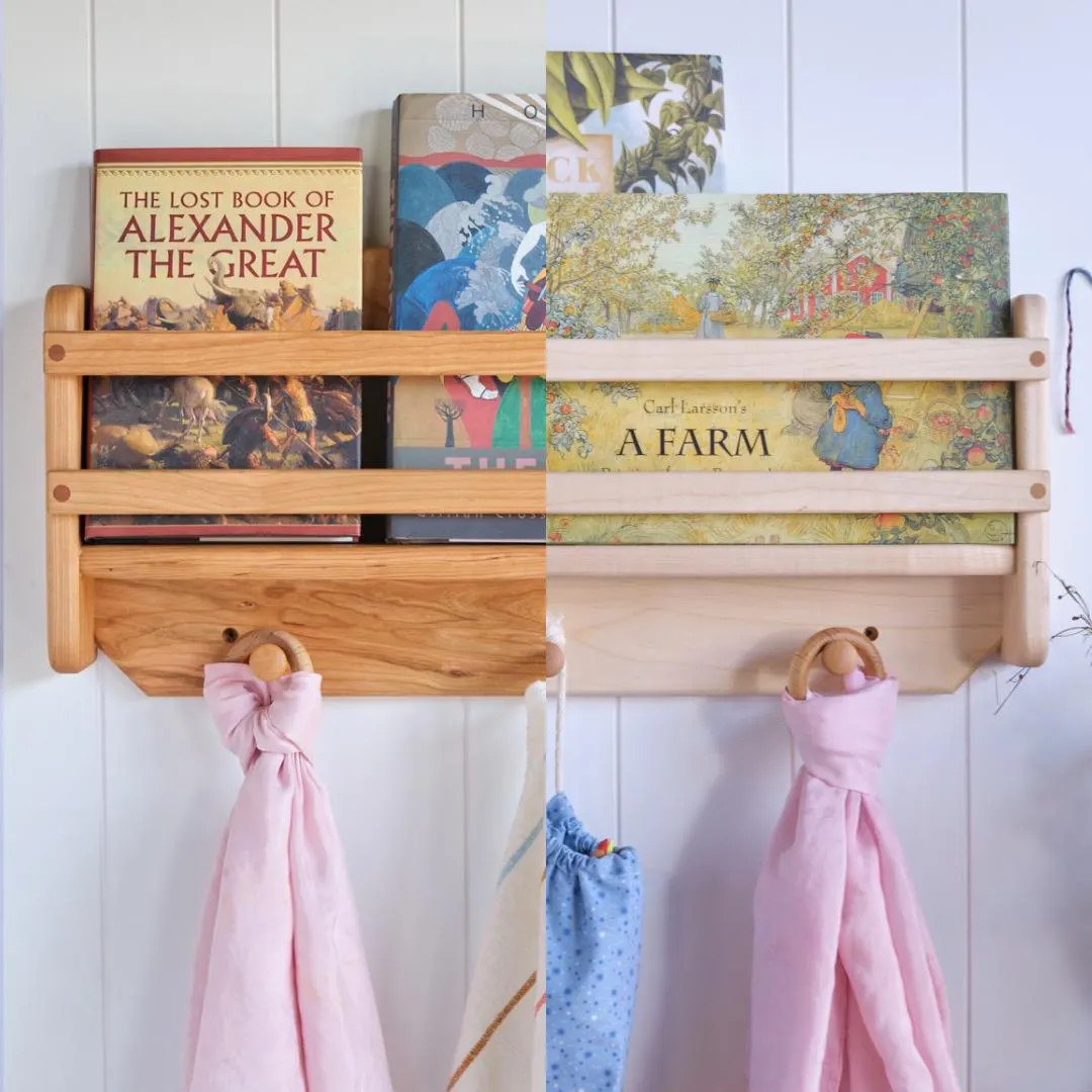 24 Inch Cherry or Maple Wood Wall Shelf / Bookshelf Display With Coat Hooks - Made in USA - Etsy | Etsy (US)