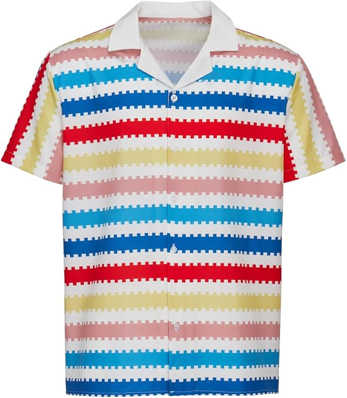 MelangCos Allan Costume Shirt Men's 80s Button Down Striped Beach Shirts Hawaiian Short Sleeves | Amazon (US)