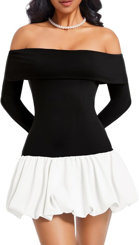 Drop Waist Bubble Dress, Off Shoulder Mini Dresses for Women, Going Out Date Night, Homecoming Pa... | Amazon (US)