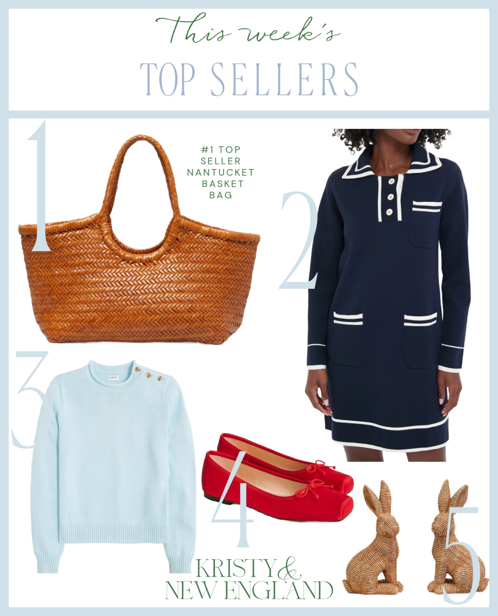 Top Sellers of the Week #1 Nantucket Basket Bag #2 Navy & White Dress #3 Blue Cotton Rollneck Sweater #4 Red Satin Ballet Flats #5 Rattan Bunny Set of 2

#LTKSaleAlert #LTKHome #LTKOver40