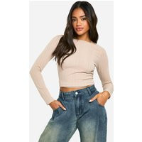 Womens Brushed Rib Crew Neck Long Sleeve Top - Beige - 12 | boohoo (US & Canada)