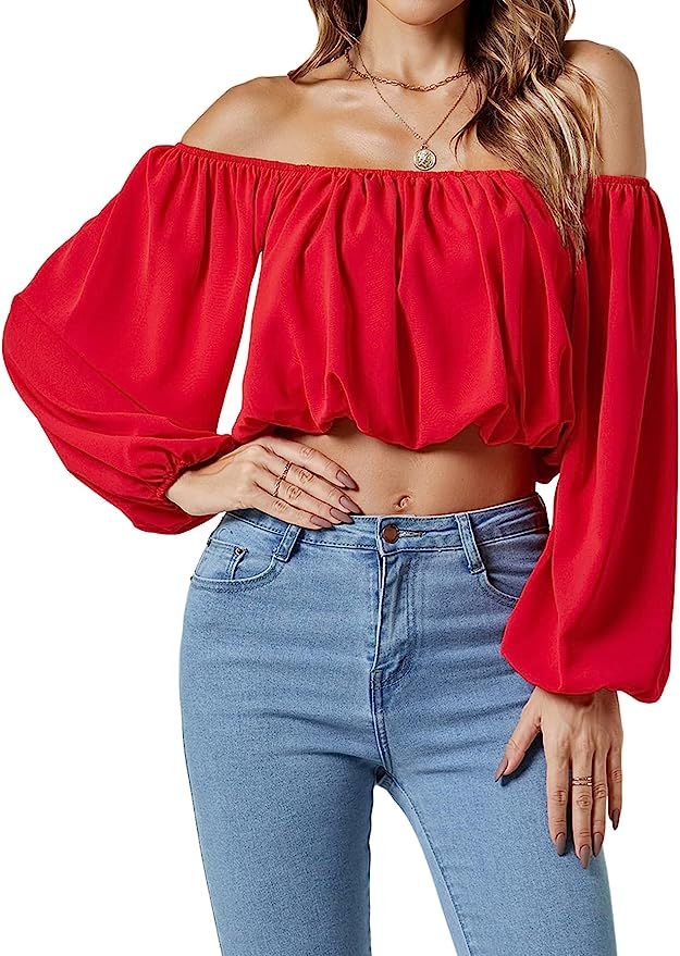 Umenlele Women’s Casual Off Shoulder Ruched Lantern Long Sleeve Crop Top Blouse Shirt | Amazon (US)