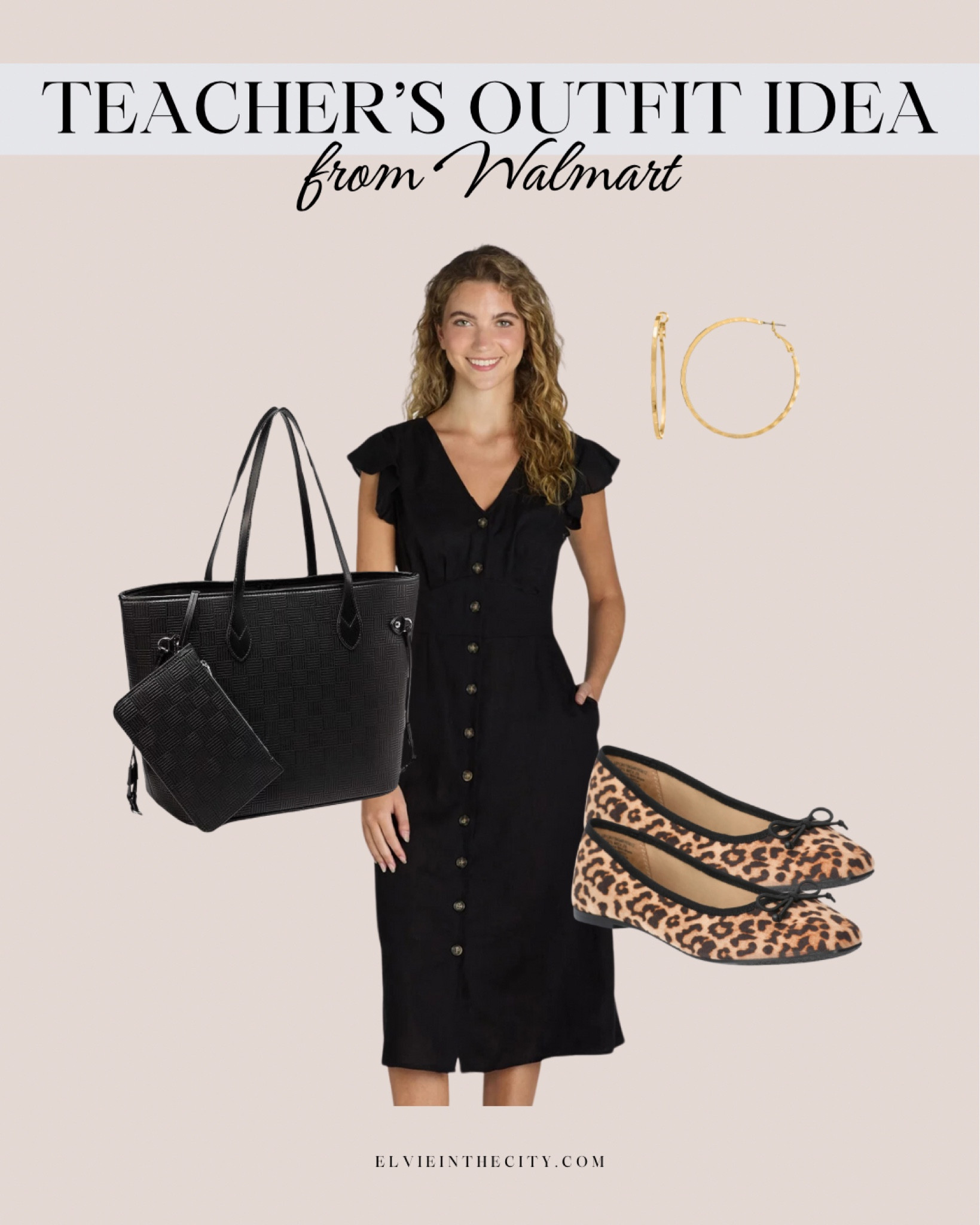 This teacher’s outfit idea from Walmart includes a black button up midi dress paired with a black shoulder tote with matching clutch, gold hoop earrings, and leopard print ballet flats. 

#walmartpartner 
#WalmartFashion
@walmart
@Walmarrfashion

Walmart fashion, fashion over 40, office look, summer outfit, teacher outfit 

#LTKStyleTip #LTKShoeCrush #LTKFindsUnder50