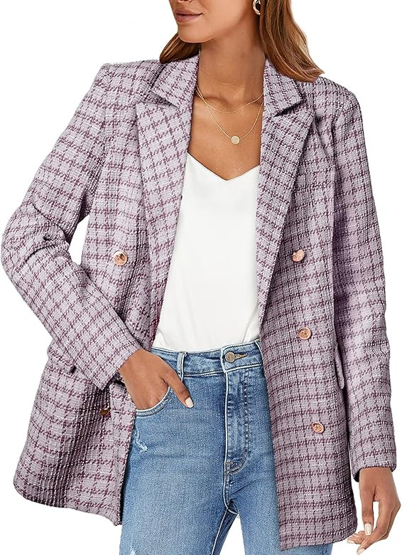 Happy Sailed Womens Plaid Tweed Blazers Dressy Casual Long Sleeve Double Breasted Open Front Blaz... | Amazon (US)