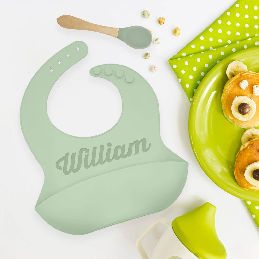 Custom Baby Bib Personalized Silicone Bib With Food Catcher and Spoon Set Reusable and Waterproof... | Etsy (US)