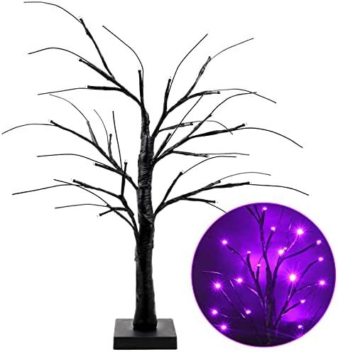 2FT Lighted Black Halloween Tree for Tabletop, Upgraded Spooky Tree with 24 LED Purple Lights, Ba... | Amazon (US)
