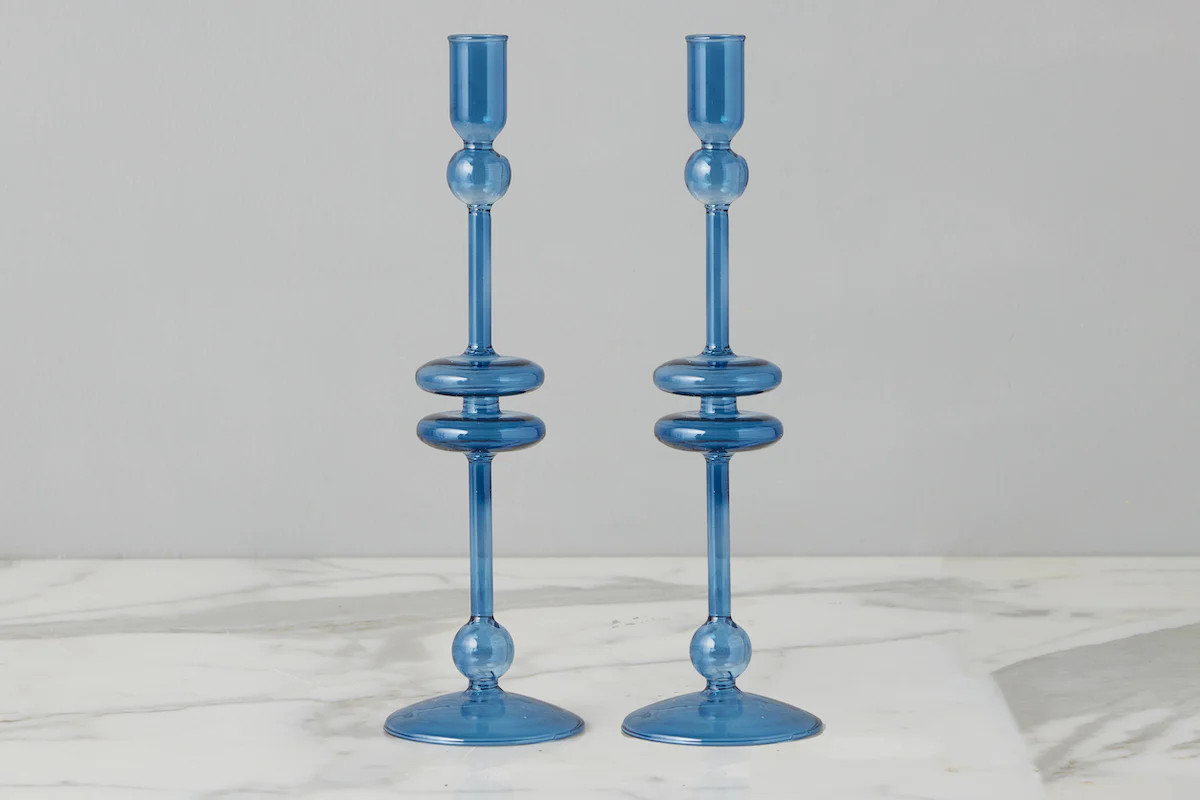 Sapphire Glass Candlestick Pair, Large | etúHOME