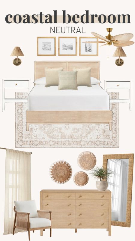 Coastal bedroom, neutral bedroom, coastal accents, coastal rug, beachy bedroom, coastal wall decor, sconces, ceiling fan, picture collage, mirror, floor mirror, curtains, plants, accent chair, side table, throw pillows, dresser, bedroom set, headboard, 

#LTKhome #LTKfamily #LTKstyletip