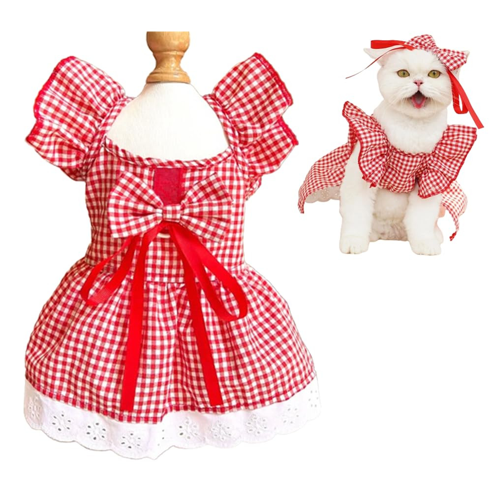 ANIAC Plaid Dog Dress with Leash Ring Girl Dog Clothes for Small Dog Bow Decor Red Cat Dress for ... | Amazon (US)