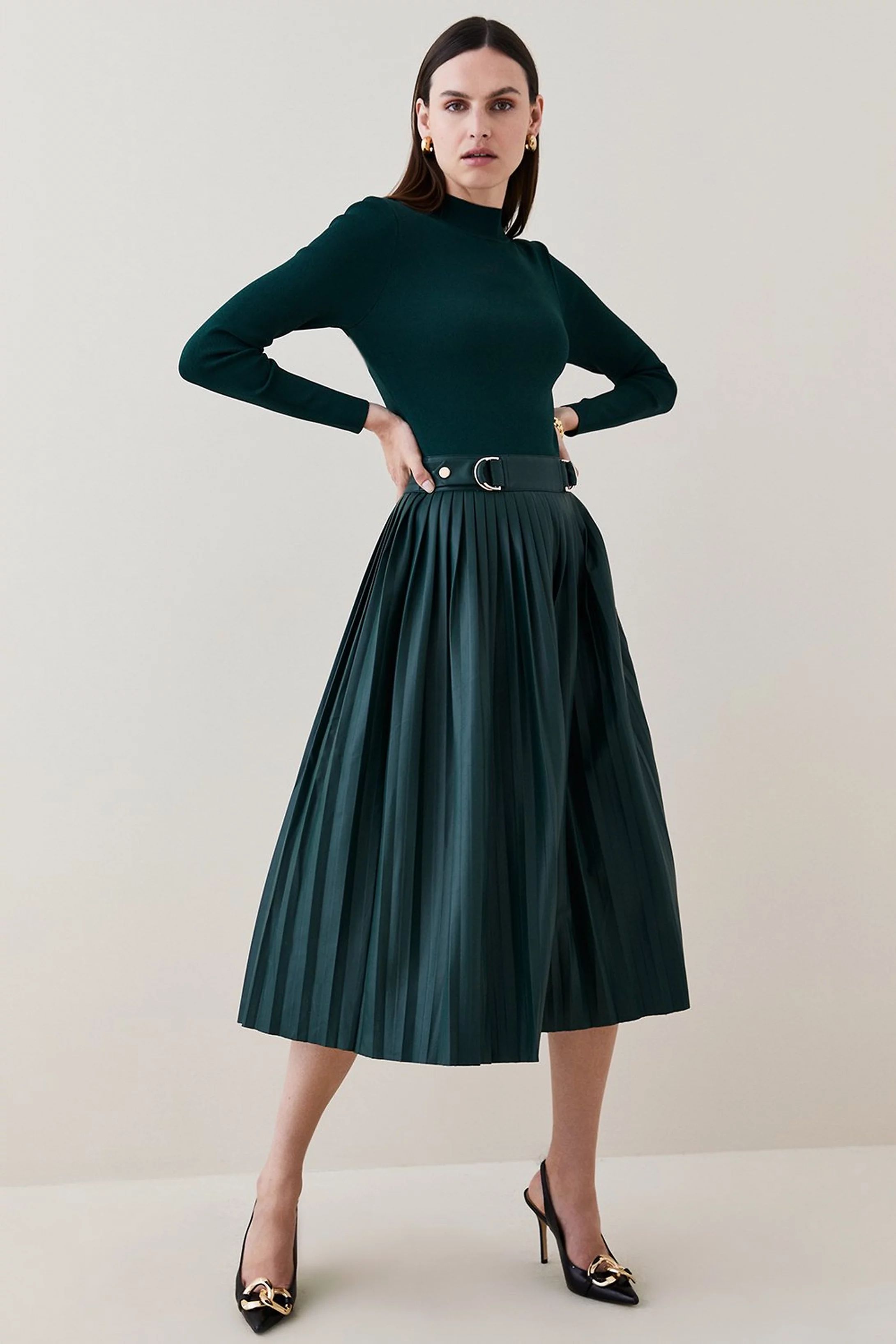 Knitted Pleated Midi Dress With Pu Detailing | Karen Millen UK + IE + DE + NL