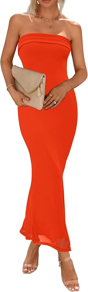 KIRUNDO Cocktail Dresses for Women 2024 Summer Tube Bodycon Maxi Dress Sexy Mesh Evening Wedding ... | Amazon (US)