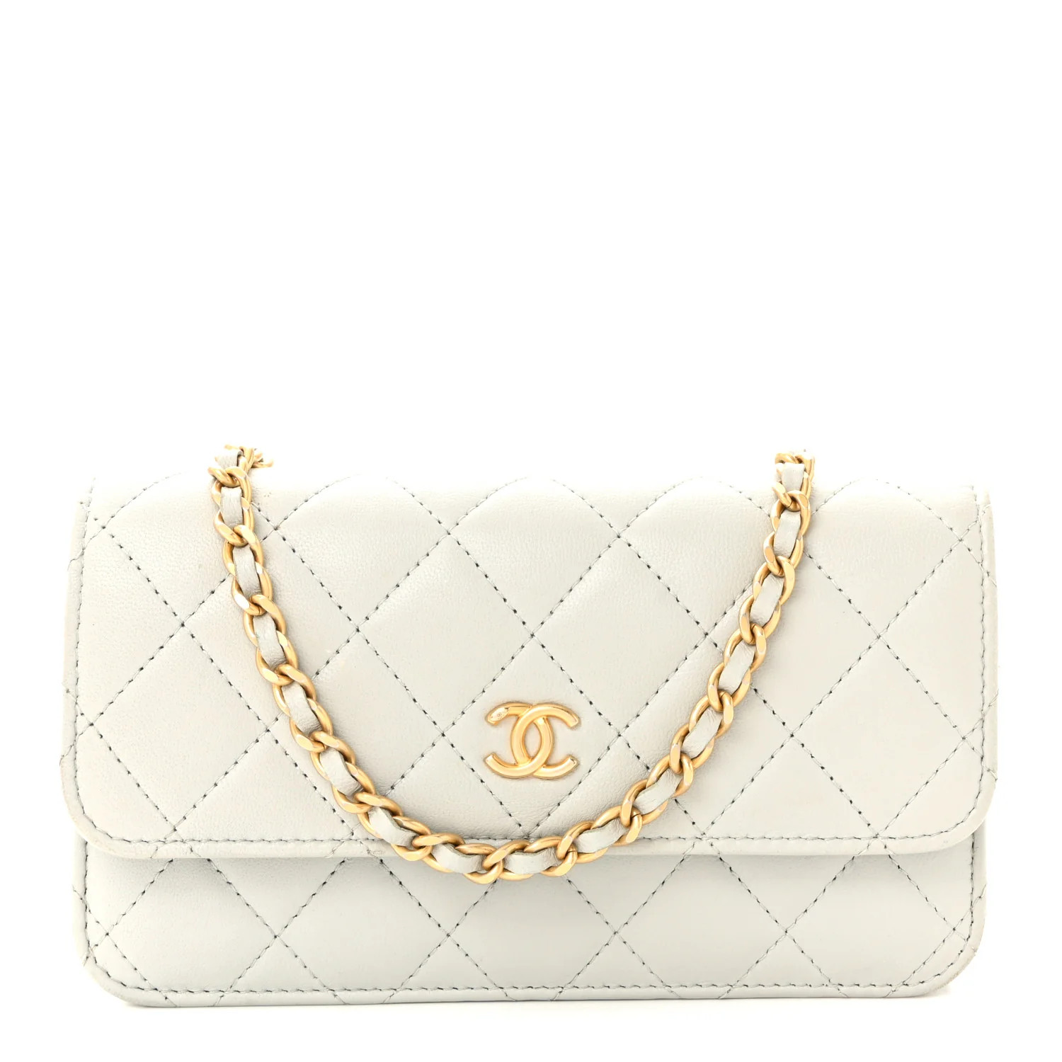 Lambskin Pearl Crush Quilted Flap Phone Holder With Chain Light Grey | FASHIONPHILE (US)