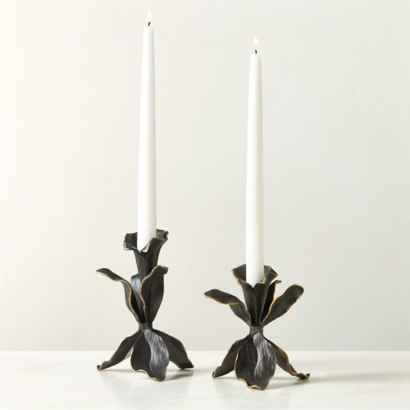 Iris Blackened Brass Taper Candle Holders Set of 2 | CB2 | CB2