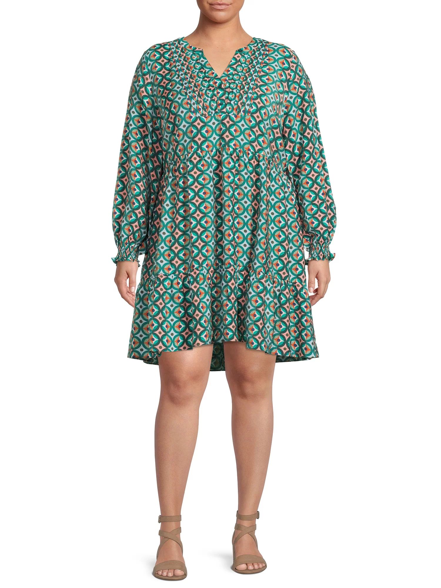 Terra & Sky Women's Plus Size Long Sleeve Pleated Tiered Dress | Walmart (US)