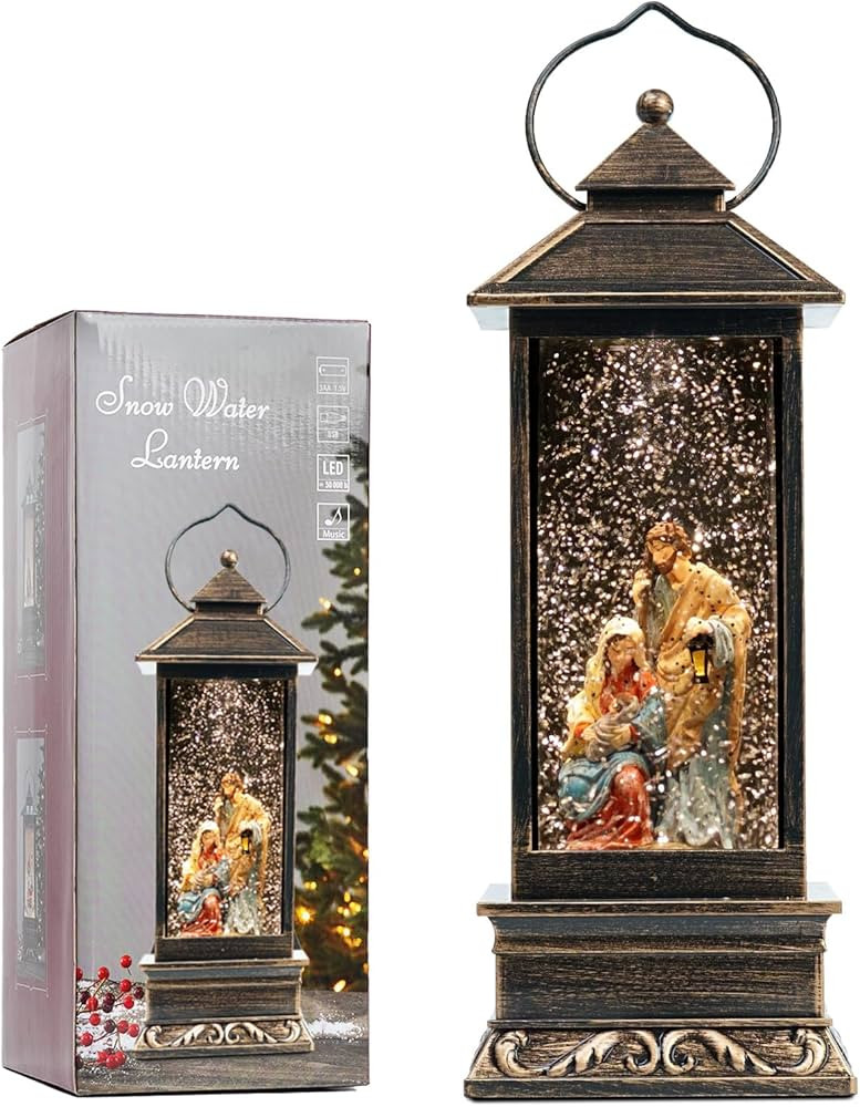 12" Christmas Snow Globe Lantern with Nativity - Water Swirling Glitter LED Light Lantern with Mu... | Amazon (US)