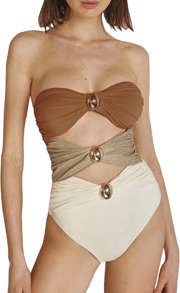 SherryDC Women's Cutout One Piece Swimsuit Bandeau Ruched Color Block High Waisted Bathing Suit w... | Amazon (US)