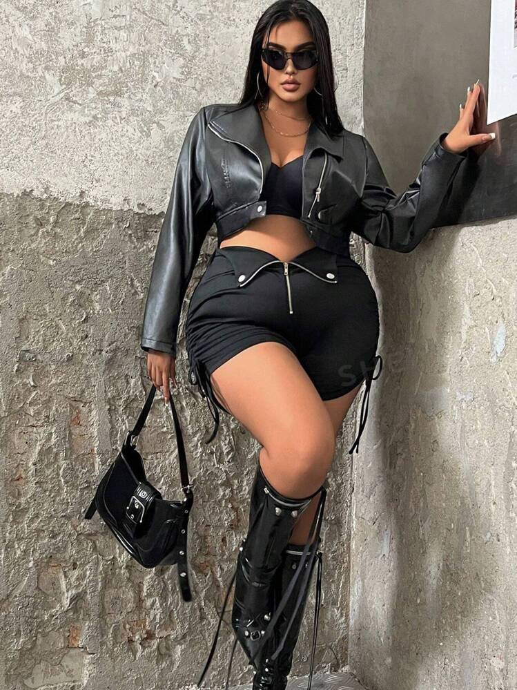 SHEIN ICON Plus Size Stand Collar Faux Leather Cropped Jacket, For Winter | SHEIN