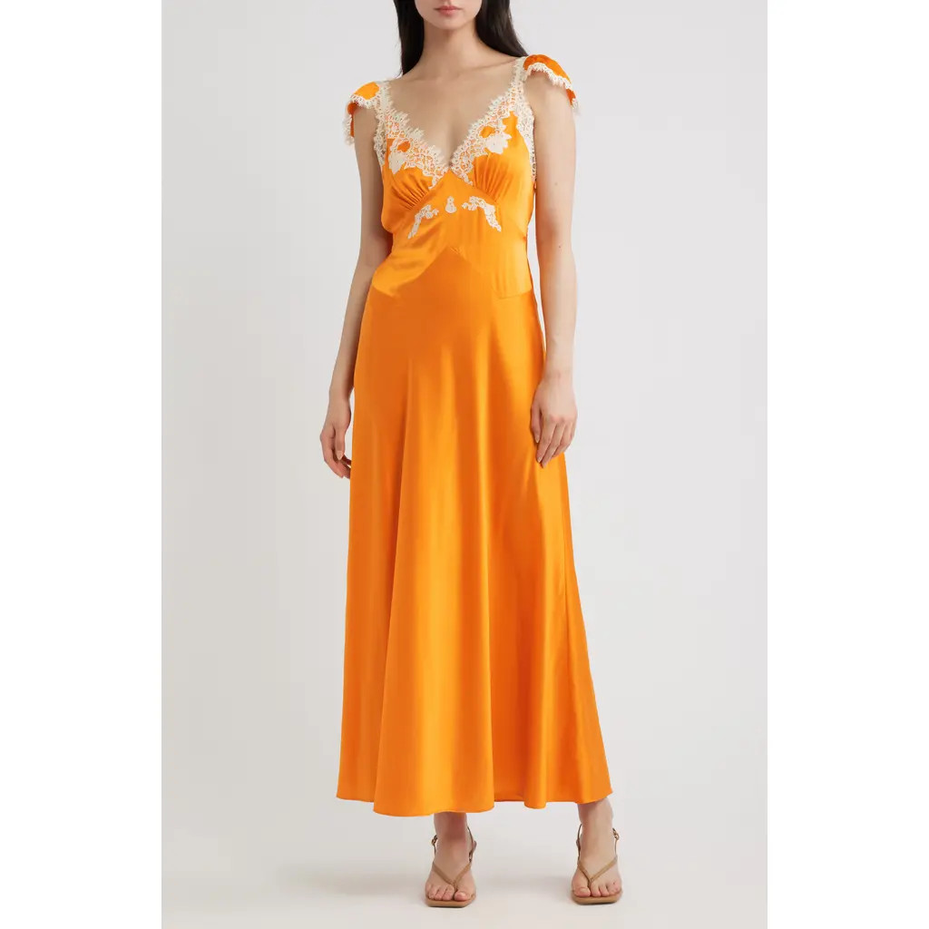 DÔEN Fiona Lace Trim Silk Blend Maxi Dress in Tangerine at Nordstrom, Size X-Large | Nordstrom