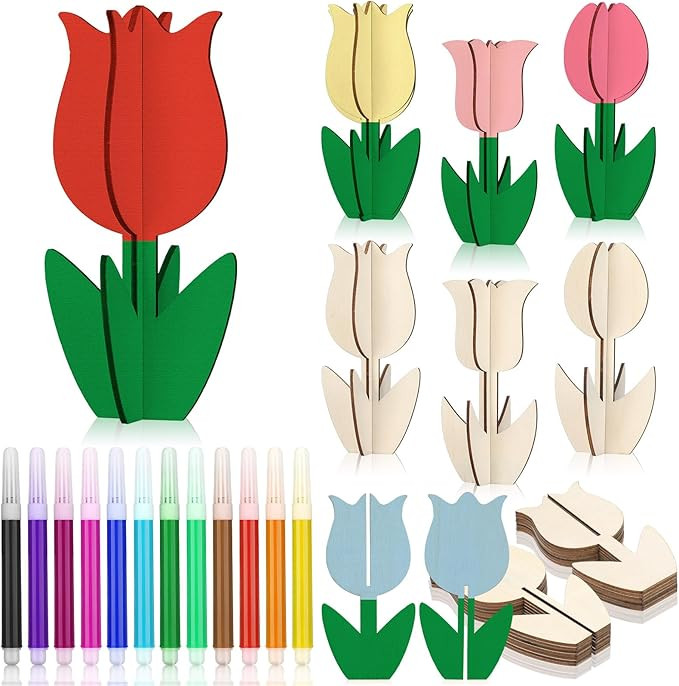 MotiMind 60 Pcs Spring Crafts Set 48 Pcs Wooden Flowers to Paint Unfinished Wood Tulip Slices 3D ... | Amazon (US)