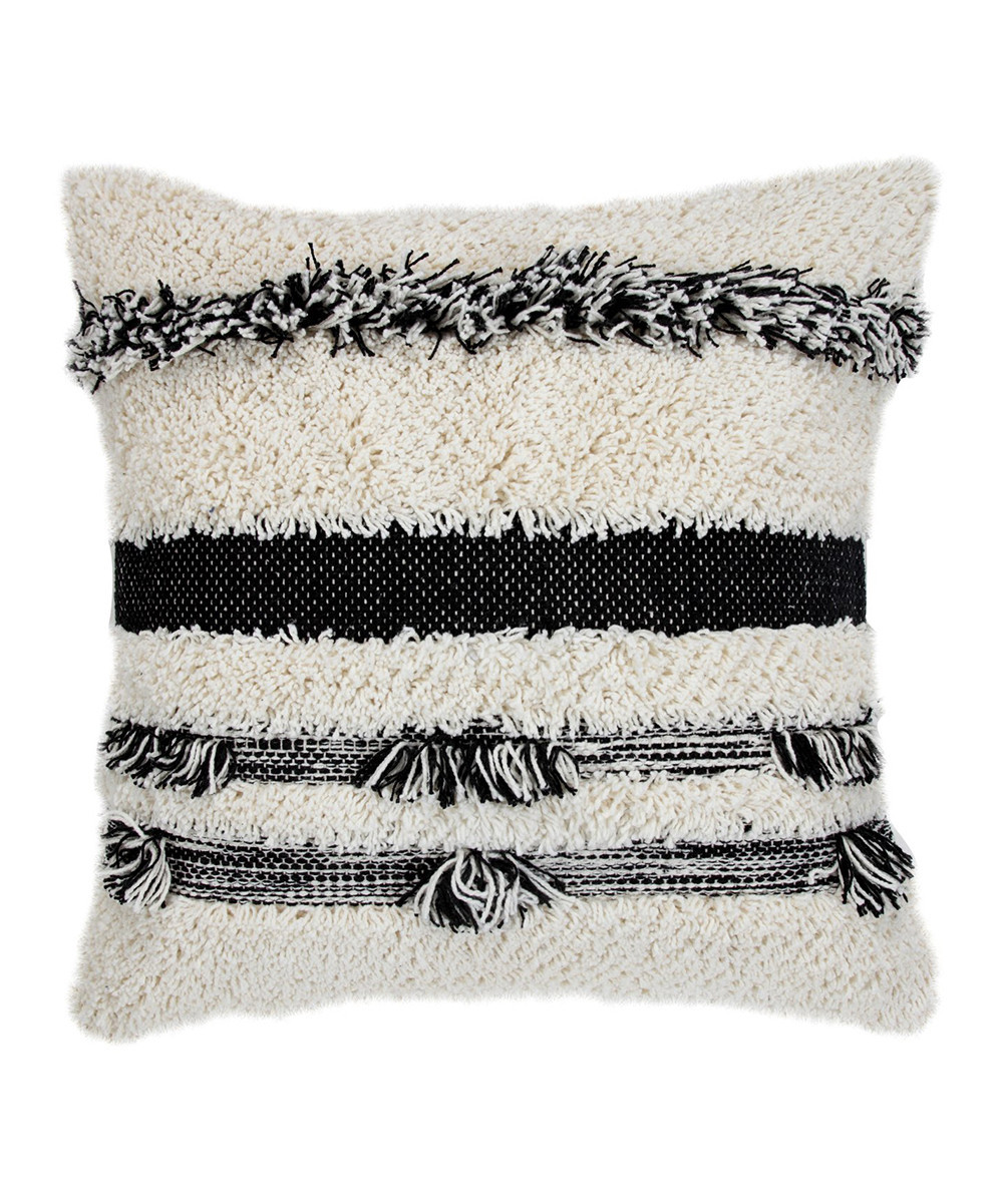 Saatvik Throw Pillows Ivory - Ivory & Black Stripe Fringe Sherpa Throw Pillow | Zulily