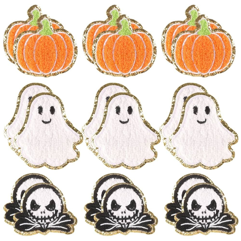 Halloween Pumpkin Ghost Skull Iron on Patches Glitter Gold Rim Chenille Embroidery Sew on Sticker... | Amazon (US)